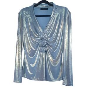 Rich Radi Q’s Metallic Gold Draped Top XL Rosette Detail Stretch Evening Chic